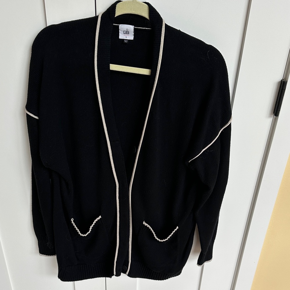 CAbi Black Cardigan with Cream Accents Size L